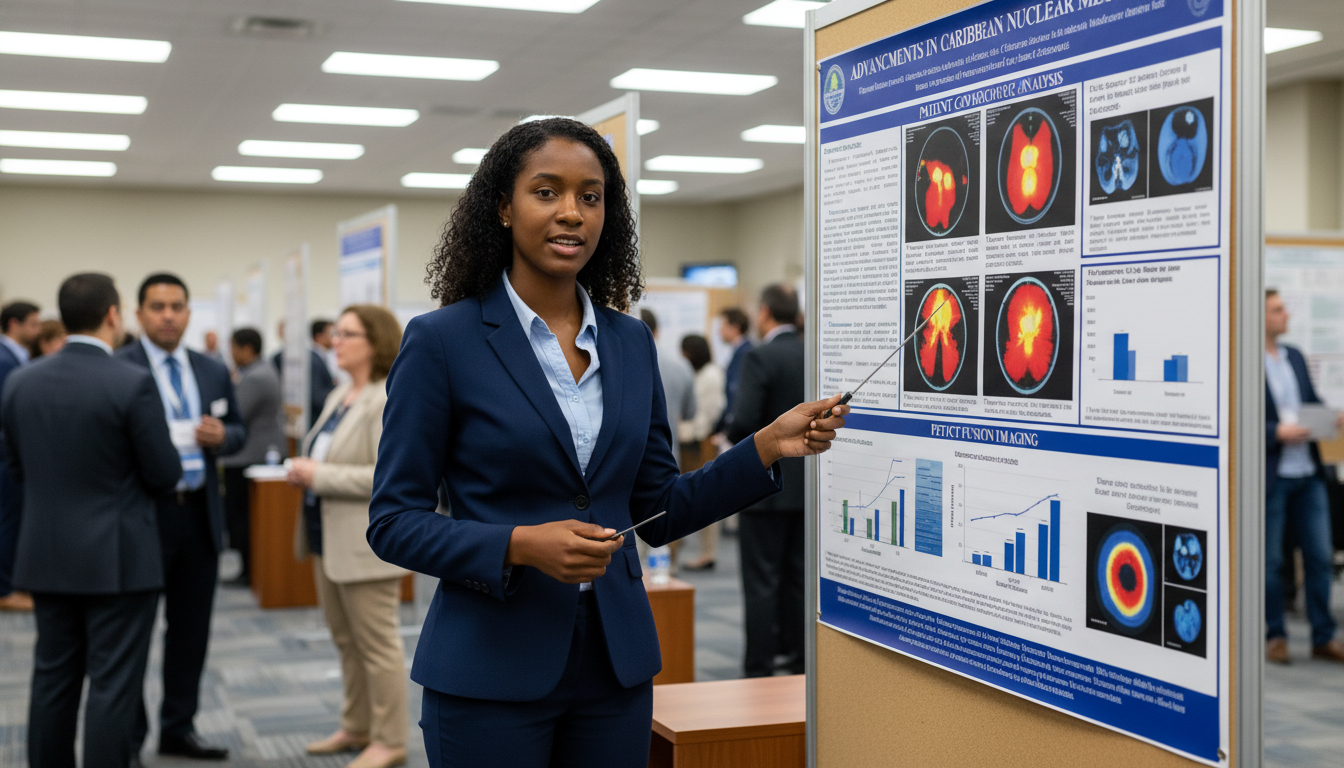 Caribbean IMG presenting nuclear medicine research poster at conference - Caribbean medical school residency for Research Pro