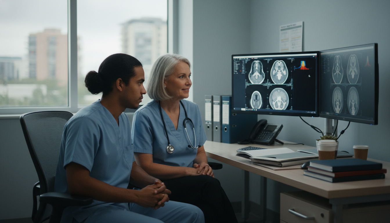 Nuclear medicine resident reviewing PET/CT images with mentor Nuclear medicine resident reviewing PET/CT images with mentor - Caribbean medical school residency for Work-Life Balance Asse