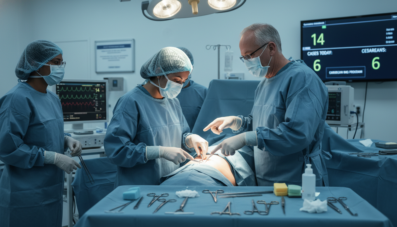 OB GYN resident performing cesarean section with attending supervision OB GYN resident performing cesarean section with attending supervision - Caribbean medical school residency for Case Volume E