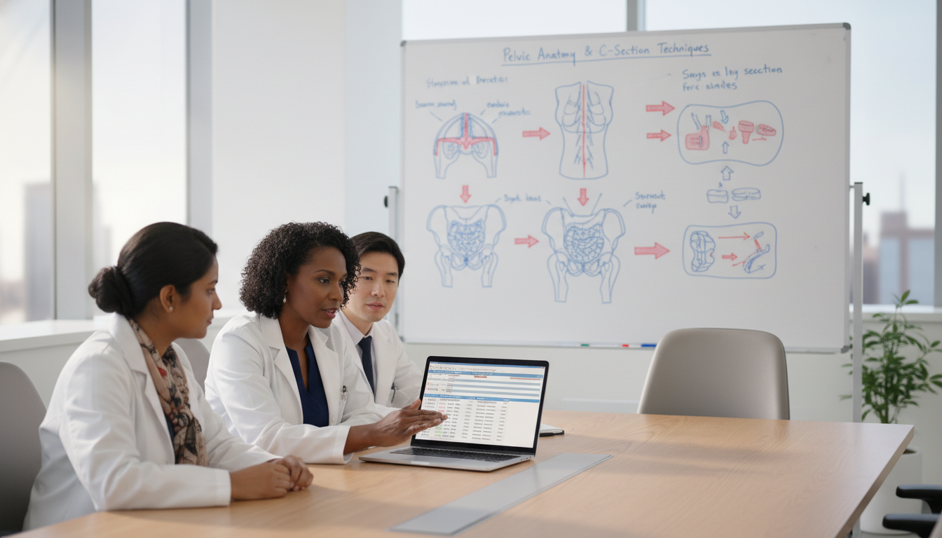 OBGYN residents discussing surgical case logs and training with program director OBGYN residents discussing surgical case logs and training with program director - Caribbean medical school residency for Que
