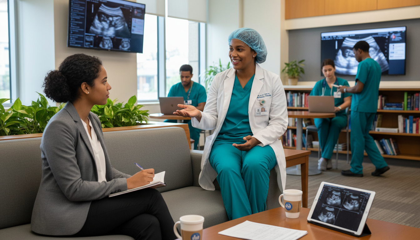 Caribbean IMG OB GYN resident talking candidly with applicant during interview day Caribbean IMG OB GYN resident talking candidly with applicant during interview day - Caribbean medical school residency for Q