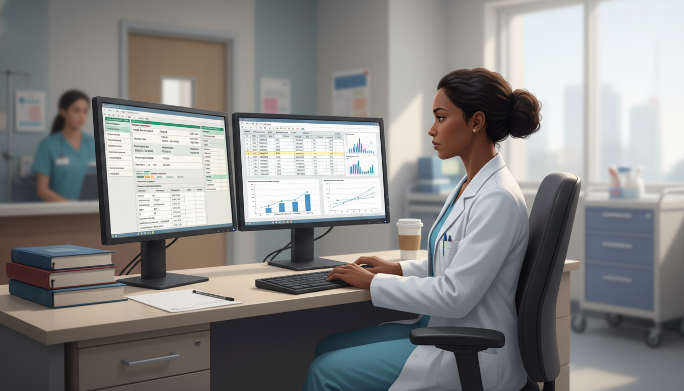 OB GYN resident reviewing patient charts and research data on a computer OB GYN resident reviewing patient charts and research data on a computer - Caribbean medical school residency for Research Du
