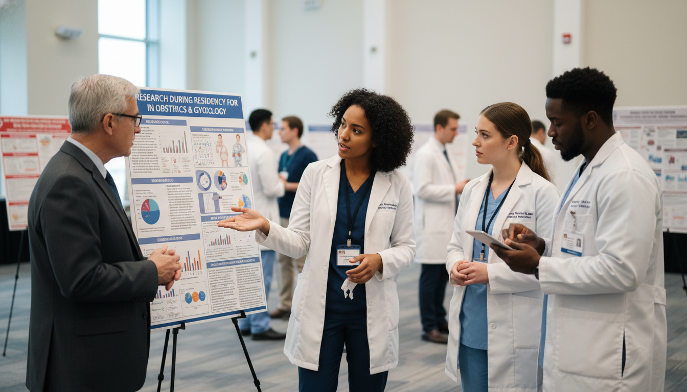 OB GYN residents presenting research poster at a medical conference OB GYN residents presenting research poster at a medical conference - Caribbean medical school residency for Research During