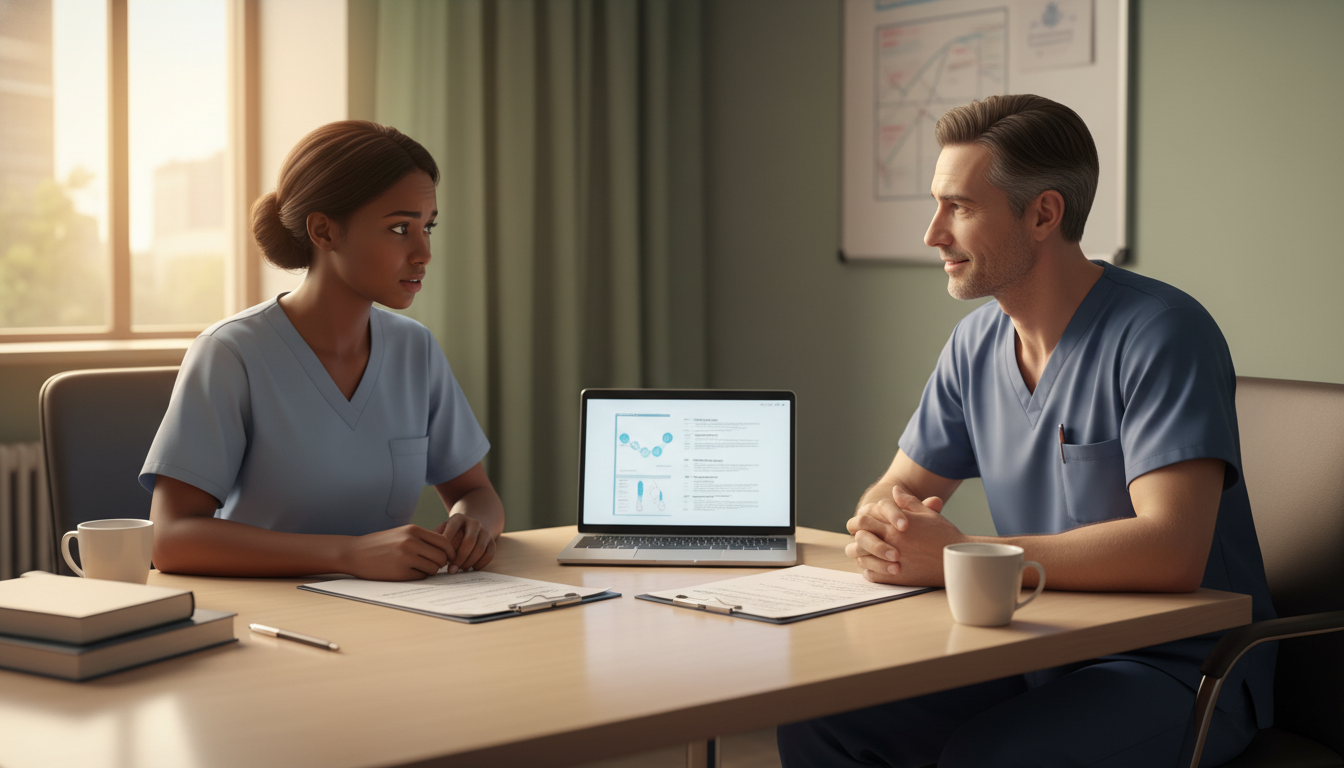 Caribbean IMG in OB GYN residency talking privately with senior resident Caribbean IMG in OB GYN residency talking privately with senior resident - Caribbean medical school residency for Resident Tu