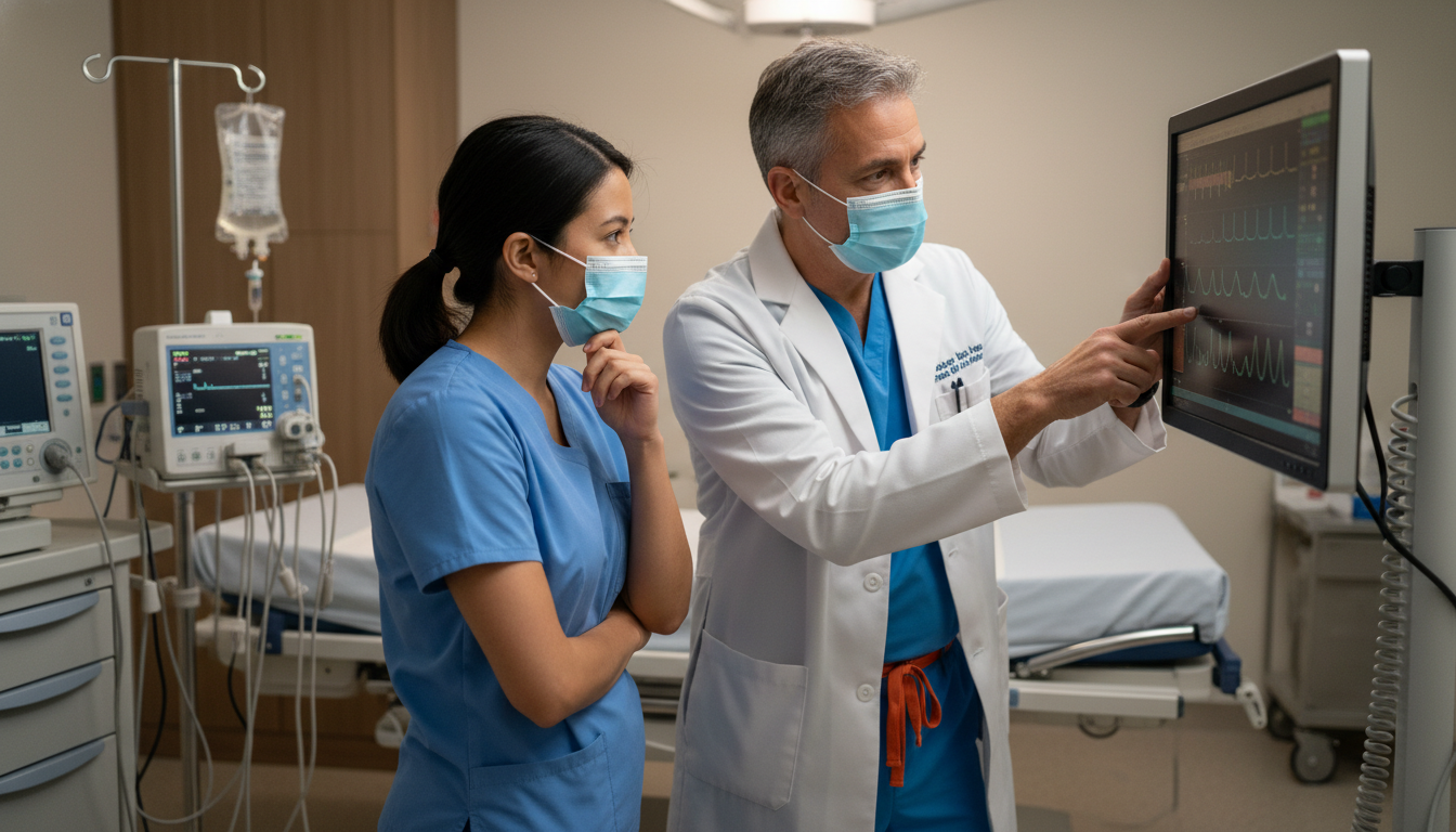 OB GYN resident and attending discussing fetal heart tracing OB GYN resident and attending discussing fetal heart tracing - Caribbean medical school residency for USMLE Step 2 CK Prepara