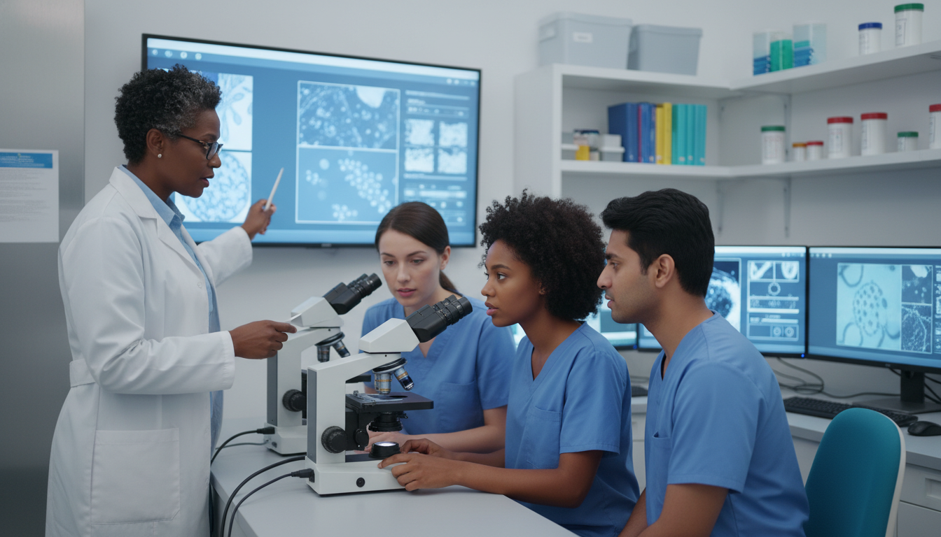 Caribbean IMG at multiheaded microscope with pathology team Caribbean IMG at multiheaded microscope with pathology team - Caribbean medical school residency for Away Rotation Strategy f