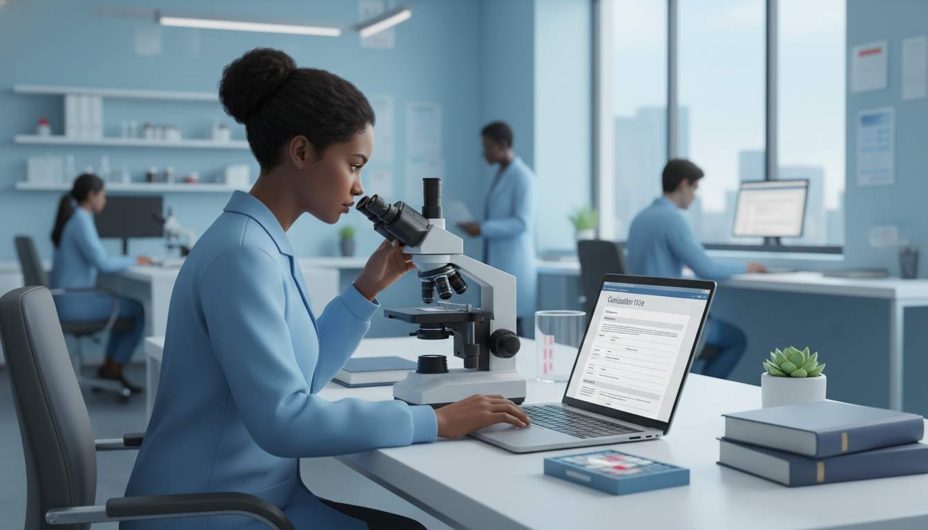 Pathology resident reviewing histology slides and updating CV on laptop Pathology resident reviewing histology slides and updating CV on laptop - Caribbean medical school residency for CV Building