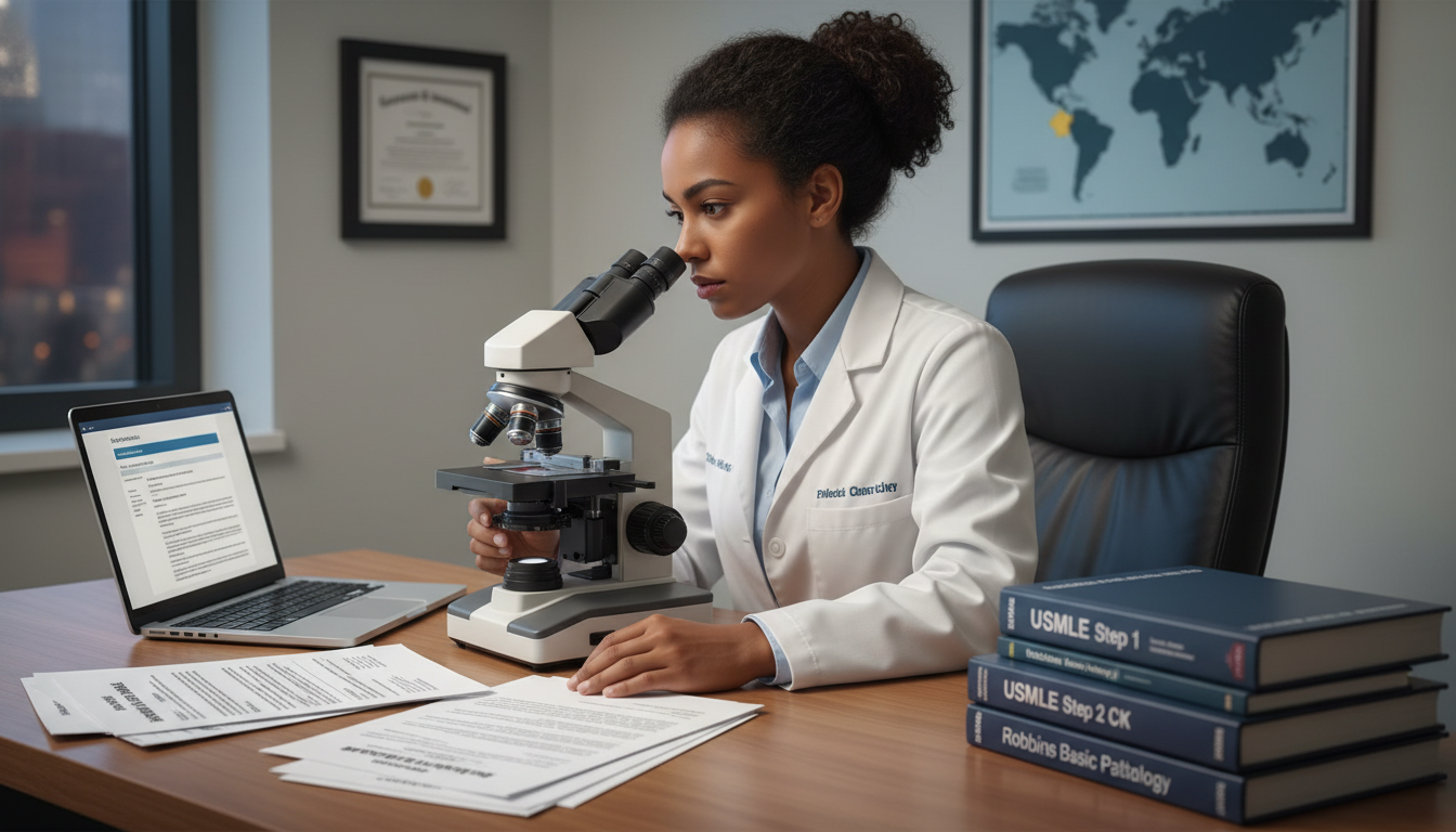 Pathology Resident Reviewing H-1B Visa Documents Pathology Resident Reviewing H-1B Visa Documents - Caribbean medical school residency for H-1B Sponsorship Programs for Carib