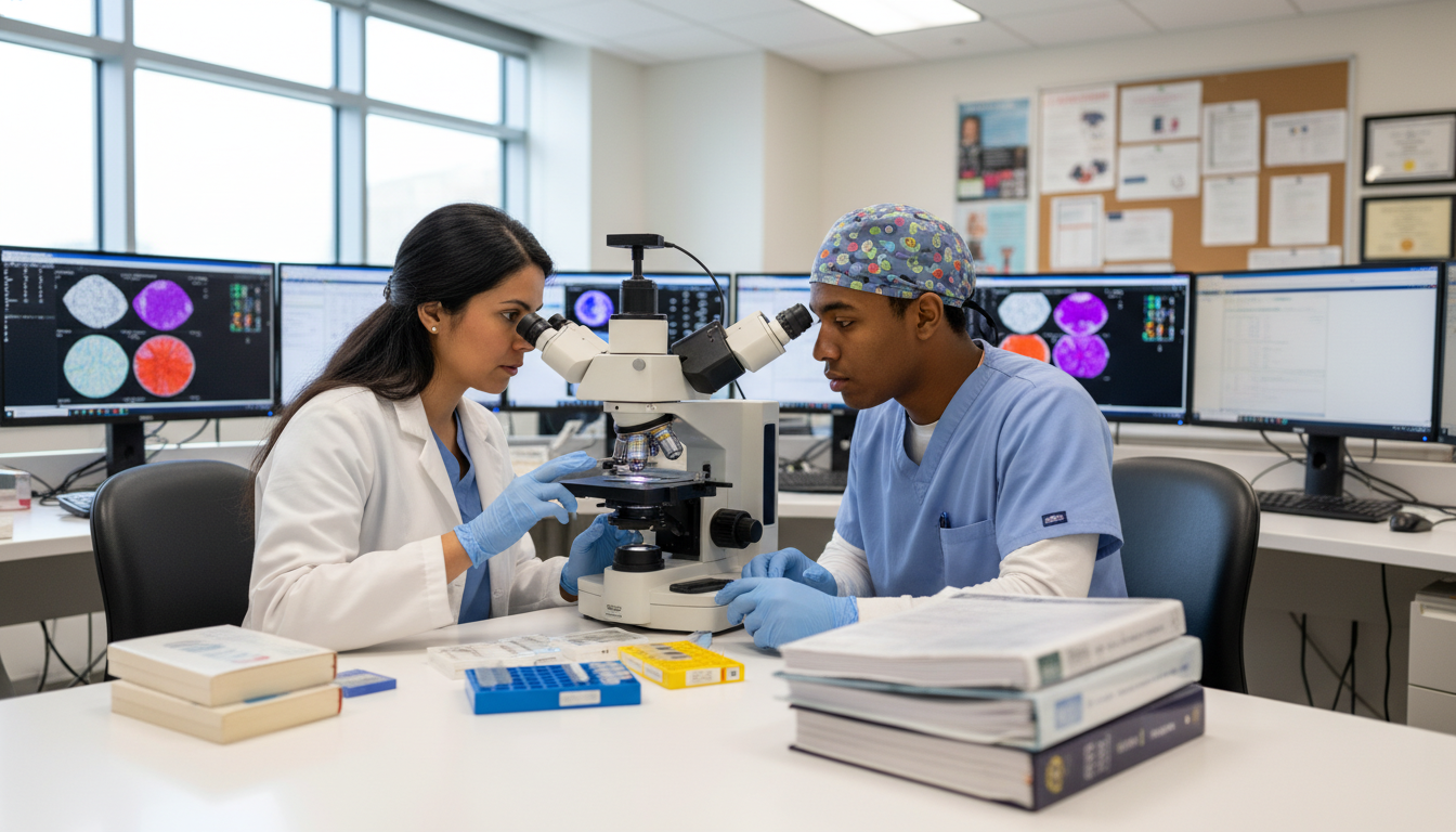 Pathology attending mentoring Caribbean IMG during slide review Pathology attending mentoring Caribbean IMG during slide review - Caribbean medical school residency for Letters of Recommend