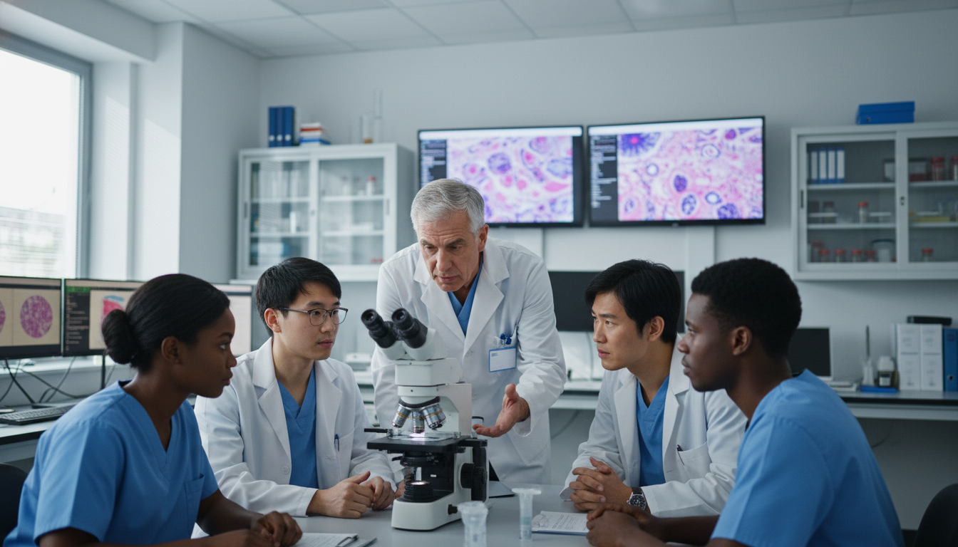 Pathology mentors and residents collaborating at microscope Pathology mentors and residents collaborating at microscope - Caribbean medical school residency for Networking in Medicine f