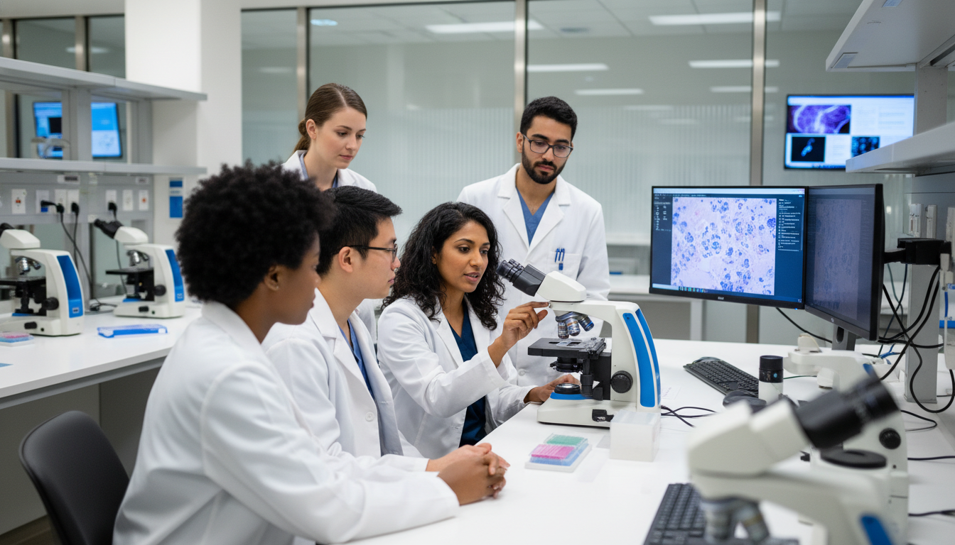 Pathology resident at multiheaded microscope with diverse team Pathology resident at multiheaded microscope with diverse team - Caribbean medical school residency for How to Research Progr