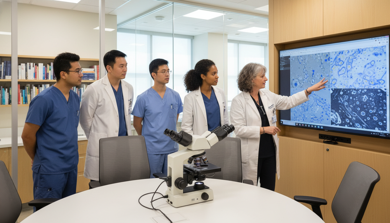 Pathology residents and program director in sign-out room Pathology residents and program director in sign-out room - Caribbean medical school residency for Questions to Ask Programs