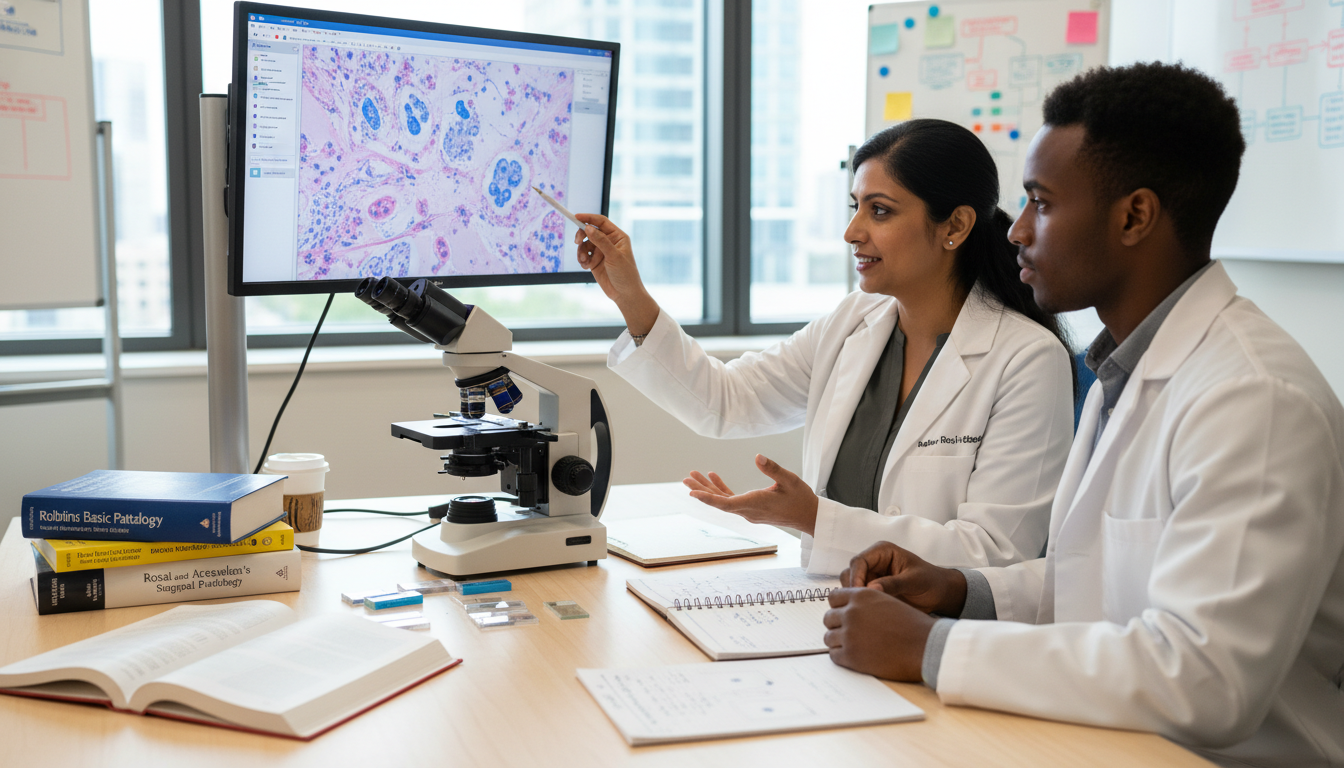 Pathology faculty mentoring a Caribbean IMG in a microscope teaching session Pathology faculty mentoring a Caribbean IMG in a microscope teaching session - Caribbean medical school residency for Address