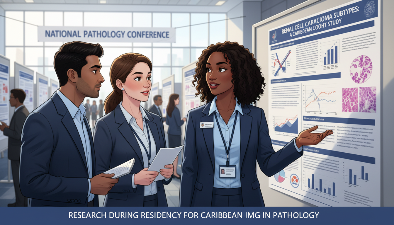 Pathology resident presenting research poster at a medical conference Pathology resident presenting research poster at a medical conference - Caribbean medical school residency for Research Durin