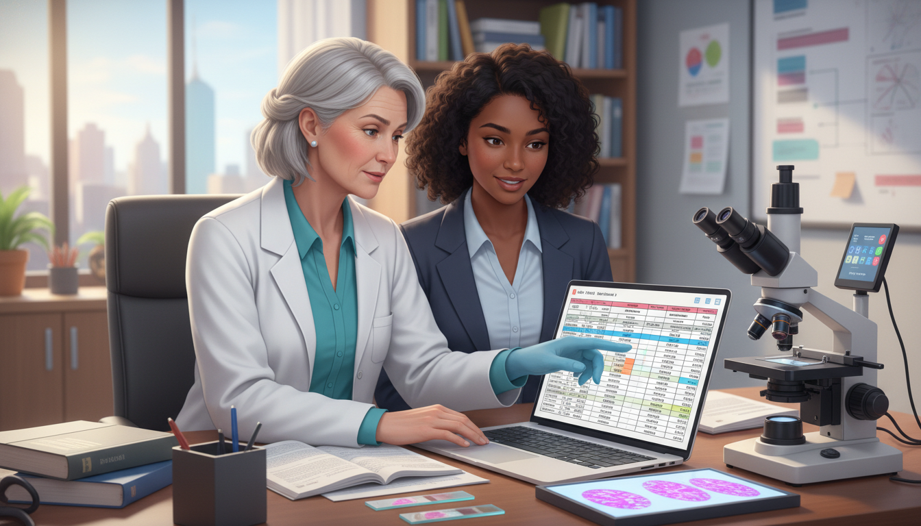 Pathology resident collaborating on a research dataset in a hospital office Pathology resident collaborating on a research dataset in a hospital office - Caribbean medical school residency for Research