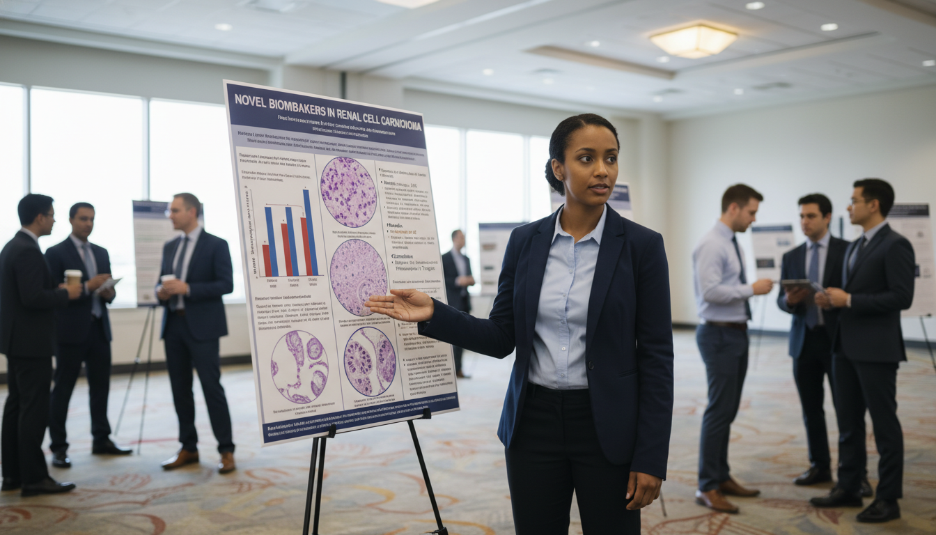 Pathology resident presenting a poster at a medical conference Pathology resident presenting a poster at a medical conference - Caribbean medical school residency for Research Profile Buil