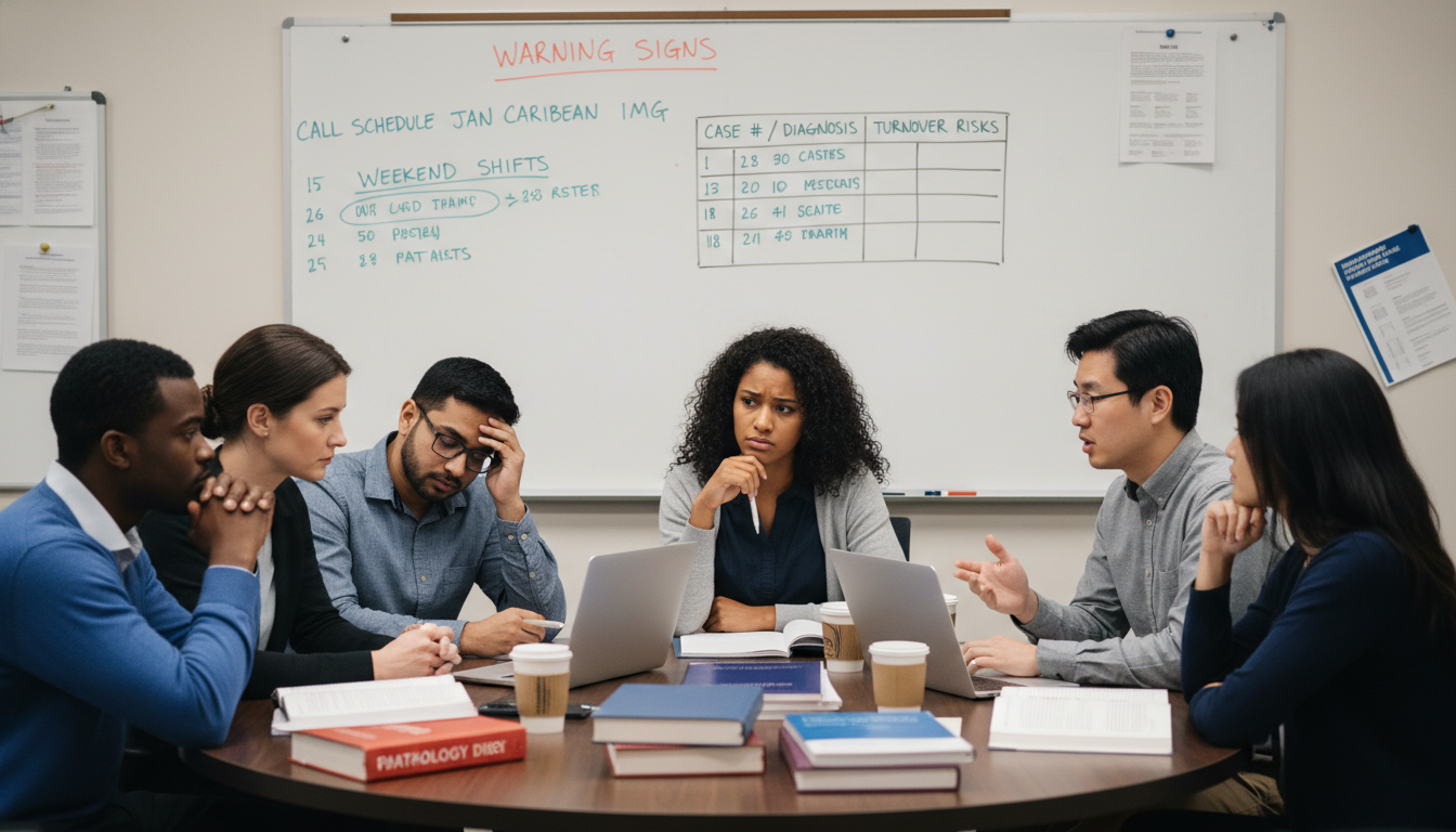 Pathology residents discussing workload and morale in a meeting room Pathology residents discussing workload and morale in a meeting room - Caribbean medical school residency for Resident Turnov