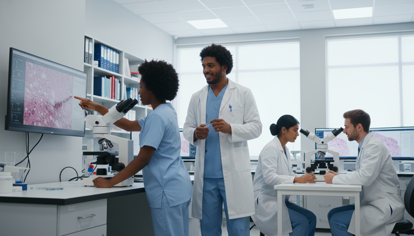 Pathology residents collaborating in a modern lab with balanced workflow Pathology residents collaborating in a modern lab with balanced workflow - Caribbean medical school residency for Work-Life B