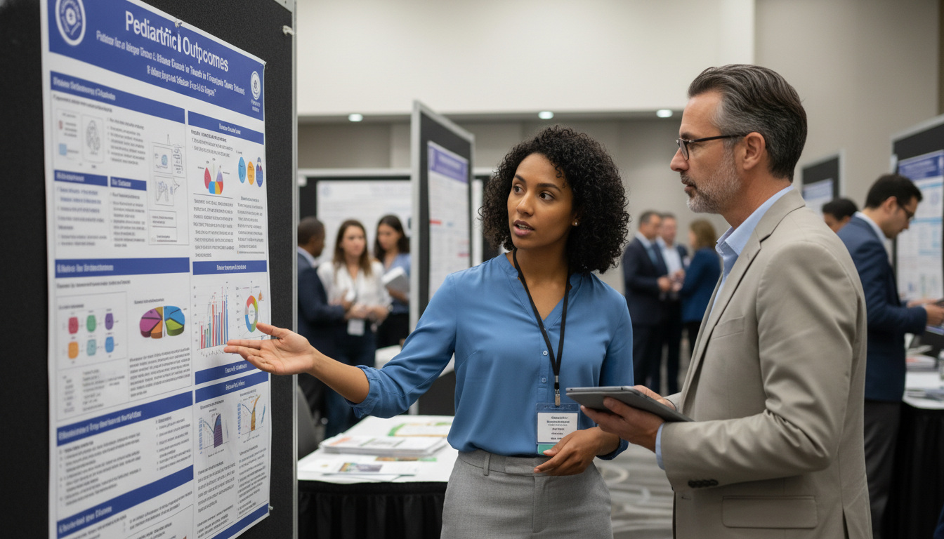 Pediatric resident presenting research poster at a conference Pediatric resident presenting research poster at a conference - Caribbean medical school residency for Fellowship Preparation