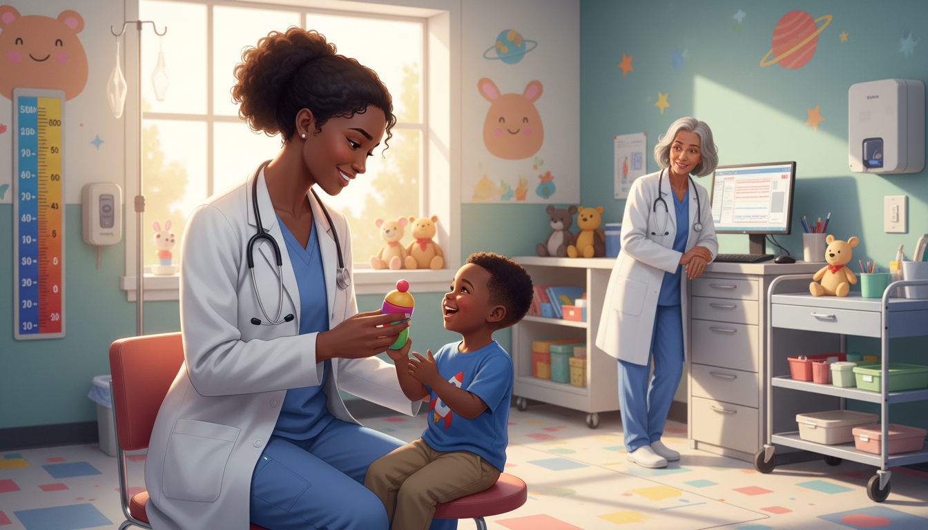 Pediatric resident on H-1B visa examining a child patient in a teaching hospital Pediatric resident on H-1B visa examining a child patient in a teaching hospital - Caribbean medical school residency for H-1