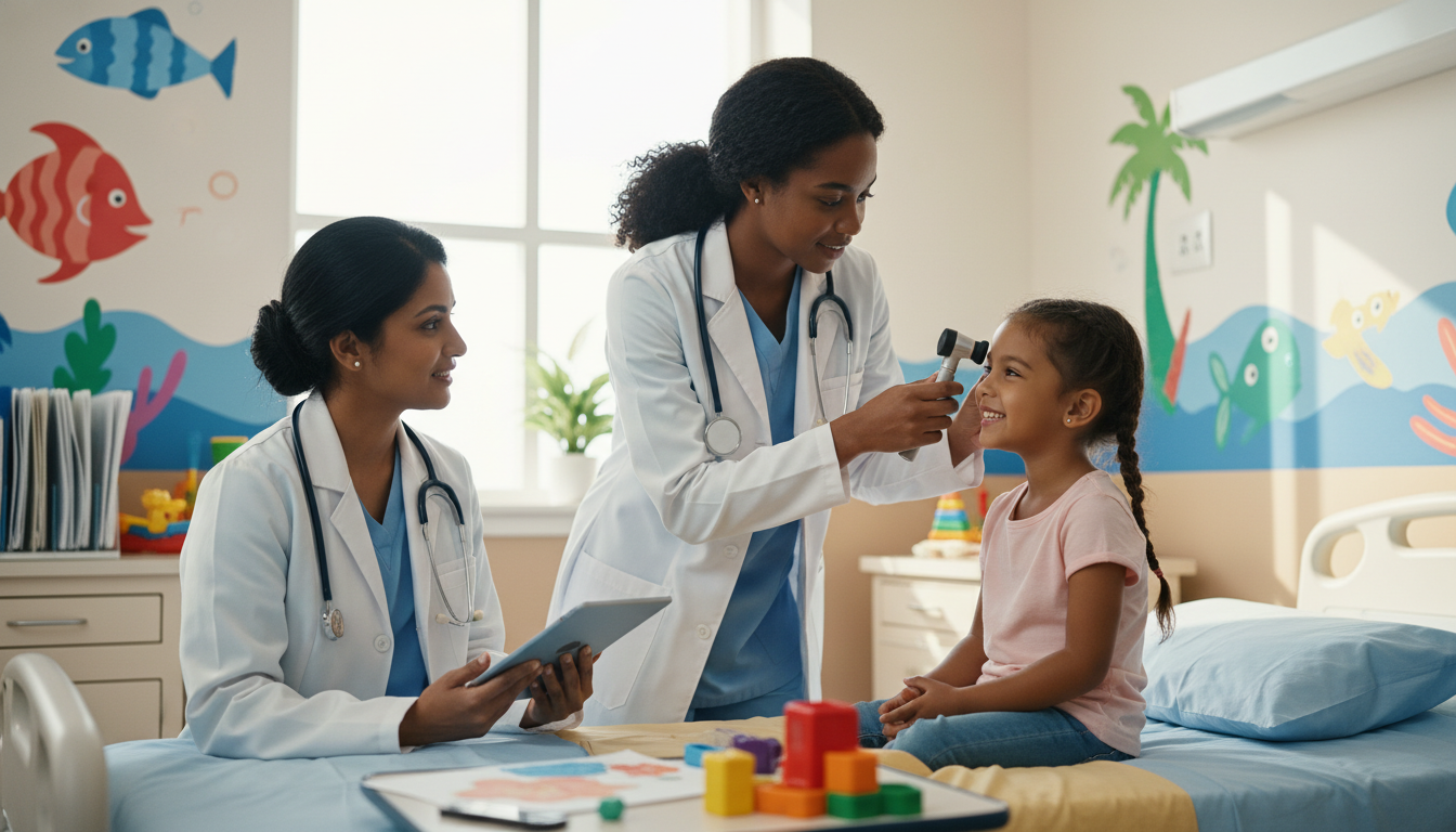 Caribbean medical graduate interacting with pediatric patient on ward Caribbean medical graduate interacting with pediatric patient on ward - Caribbean medical school residency for Low Step Score