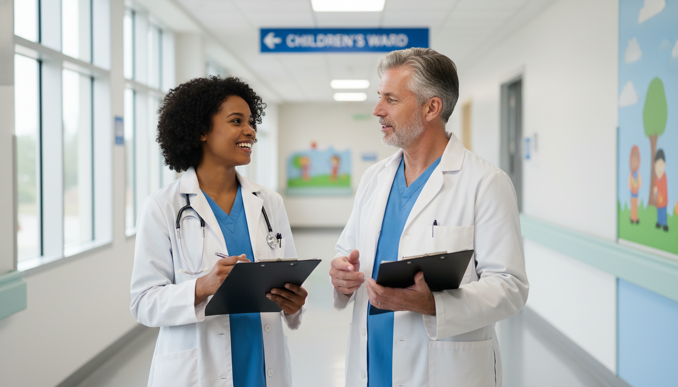 Pediatric resident talking with a mentor pediatric attending in a hospital corridor Pediatric resident talking with a mentor pediatric attending in a hospital corridor - Caribbean medical school residency for