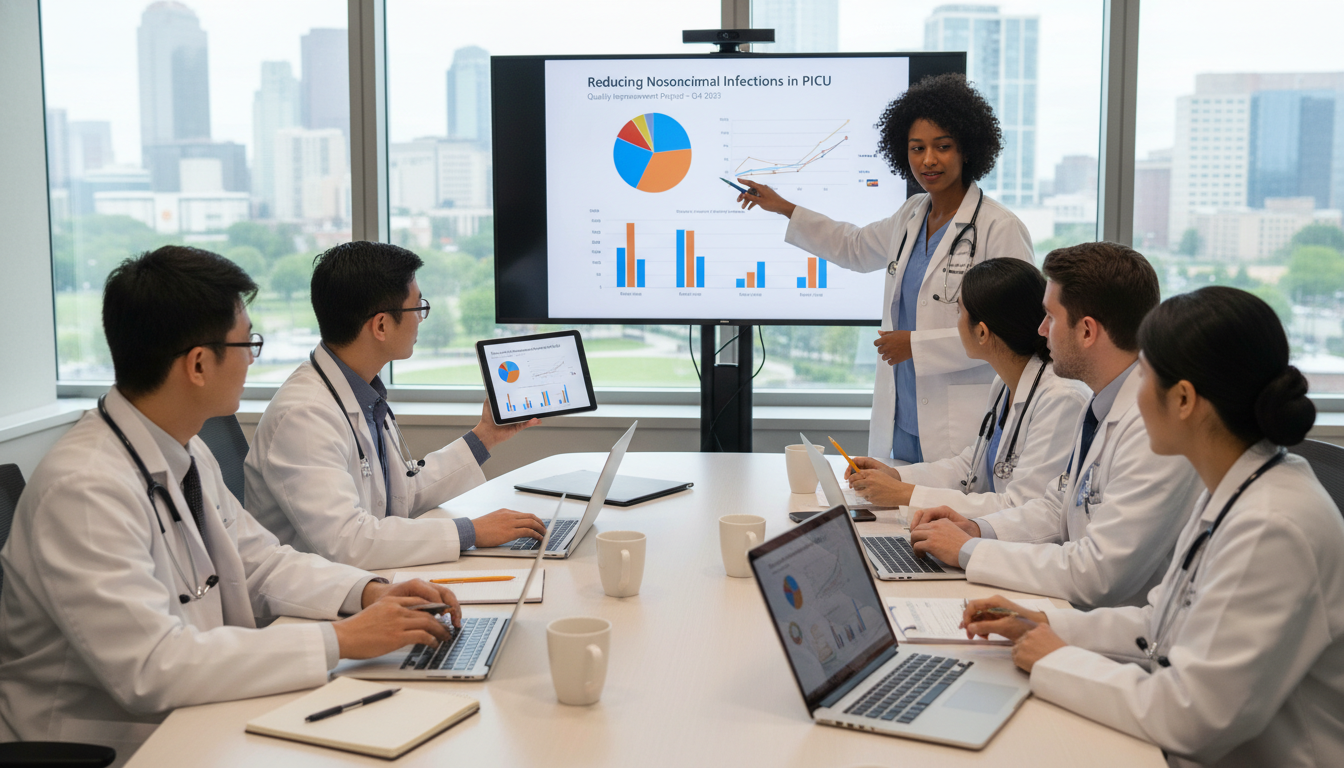 Pediatric residents discussing research data during a case conference Pediatric residents discussing research data during a case conference - Caribbean medical school residency for Research Durin