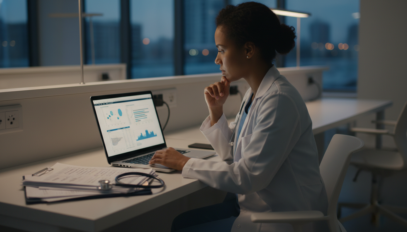 Pediatric resident working on a laptop analyzing research data in a quiet hospital workspace Pediatric resident working on a laptop analyzing research data in a quiet hospital workspace - Caribbean medical school resid