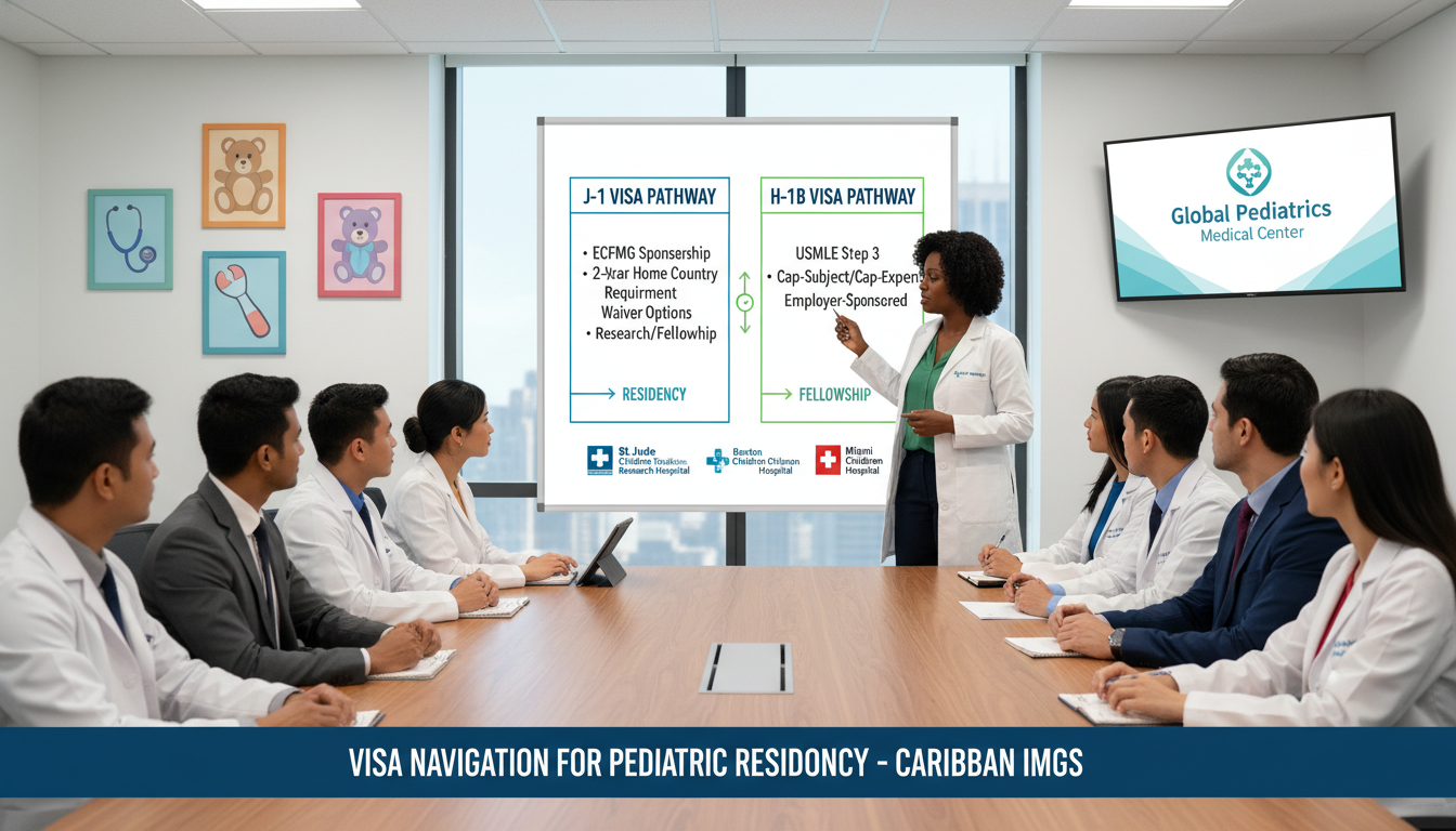 Program director explaining J-1 vs H-1B options to international pediatric residents - Caribbean medical school residency for