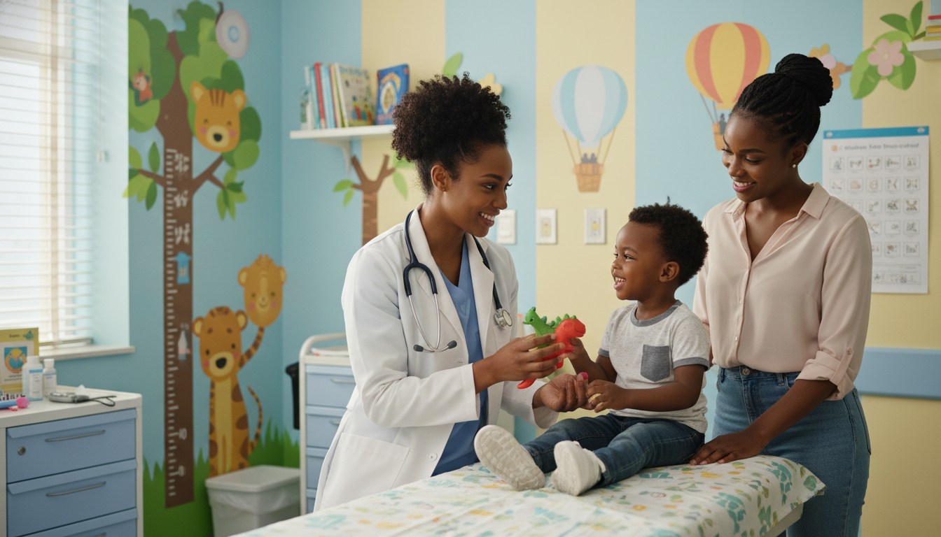 Caribbean IMG pediatric resident working with a child patient in a U.S. hospital - Caribbean medical school residency for Vis