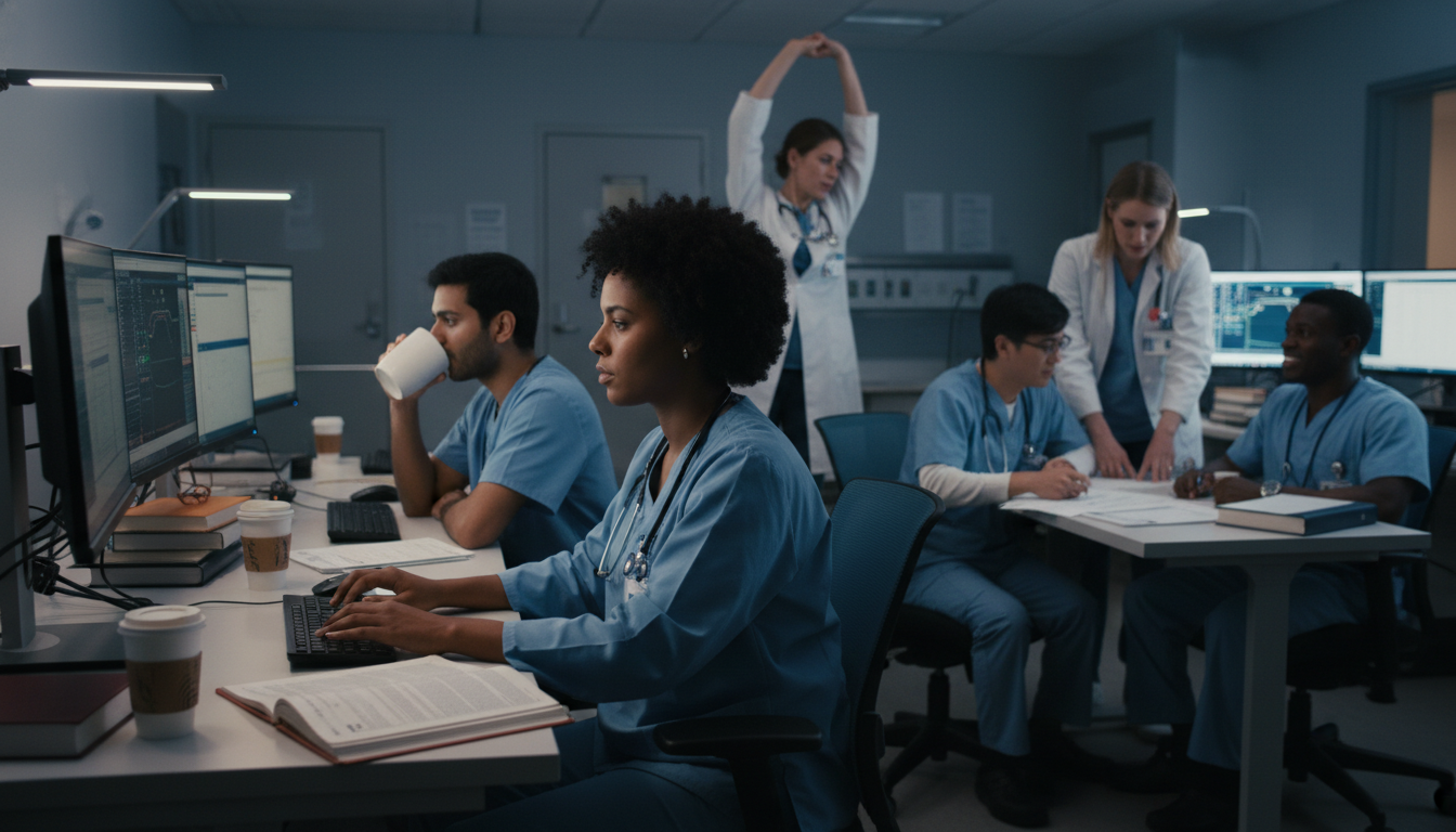 Pediatrics residents during a night shift in hospital workroom Pediatrics residents during a night shift in hospital workroom - Caribbean medical school residency for Work-Life Balance Ass