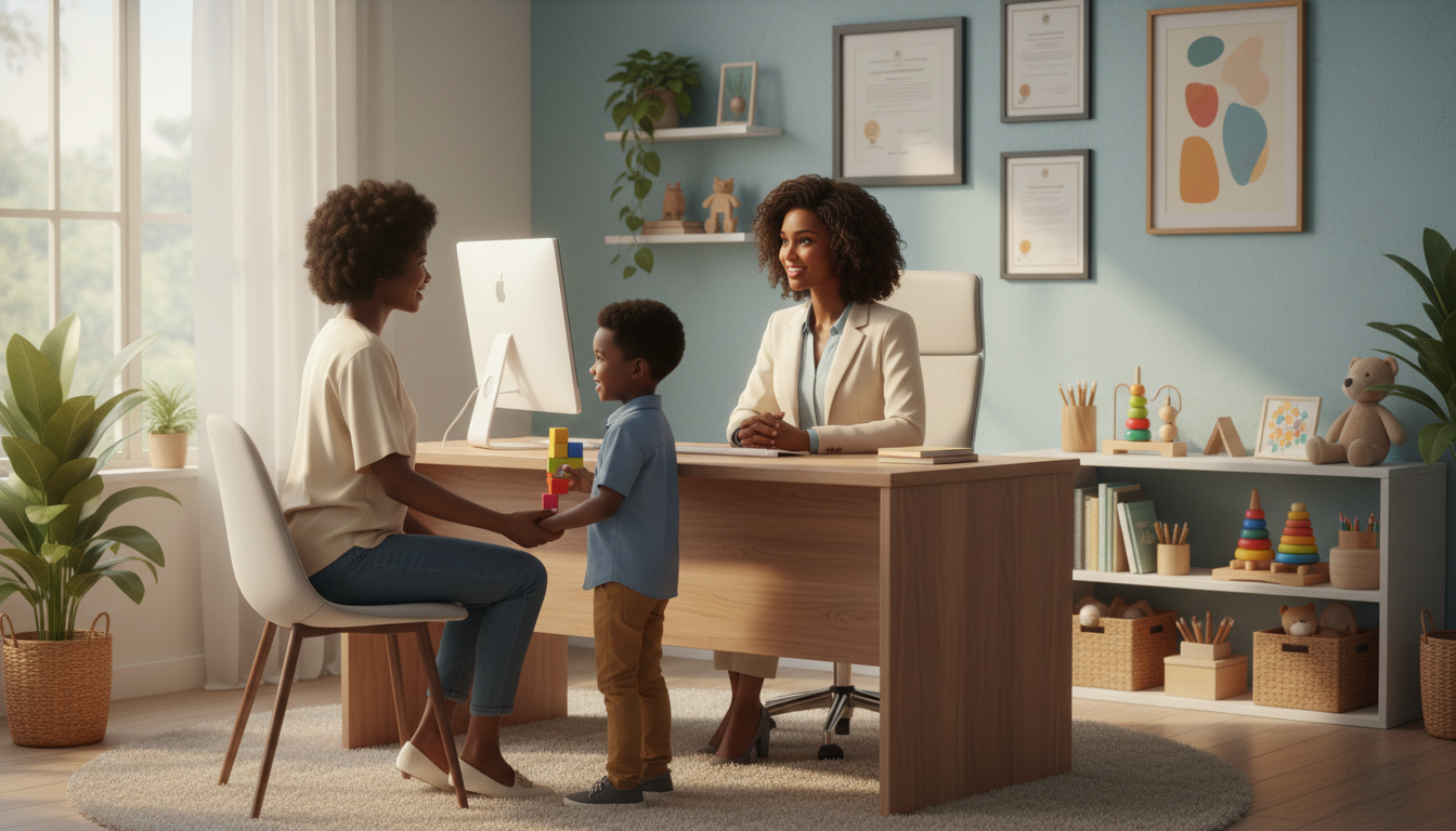 Pediatric psychiatrist in a private clinic counseling a family Pediatric psychiatrist in a private clinic counseling a family - Caribbean medical school residency for Academic vs Private P