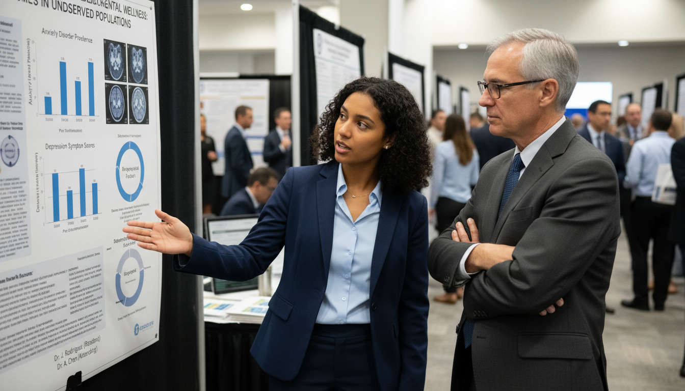 Resident and faculty discussing pediatric psychiatry research poster Resident and faculty discussing pediatric psychiatry research poster - Caribbean medical school residency for CV Building for