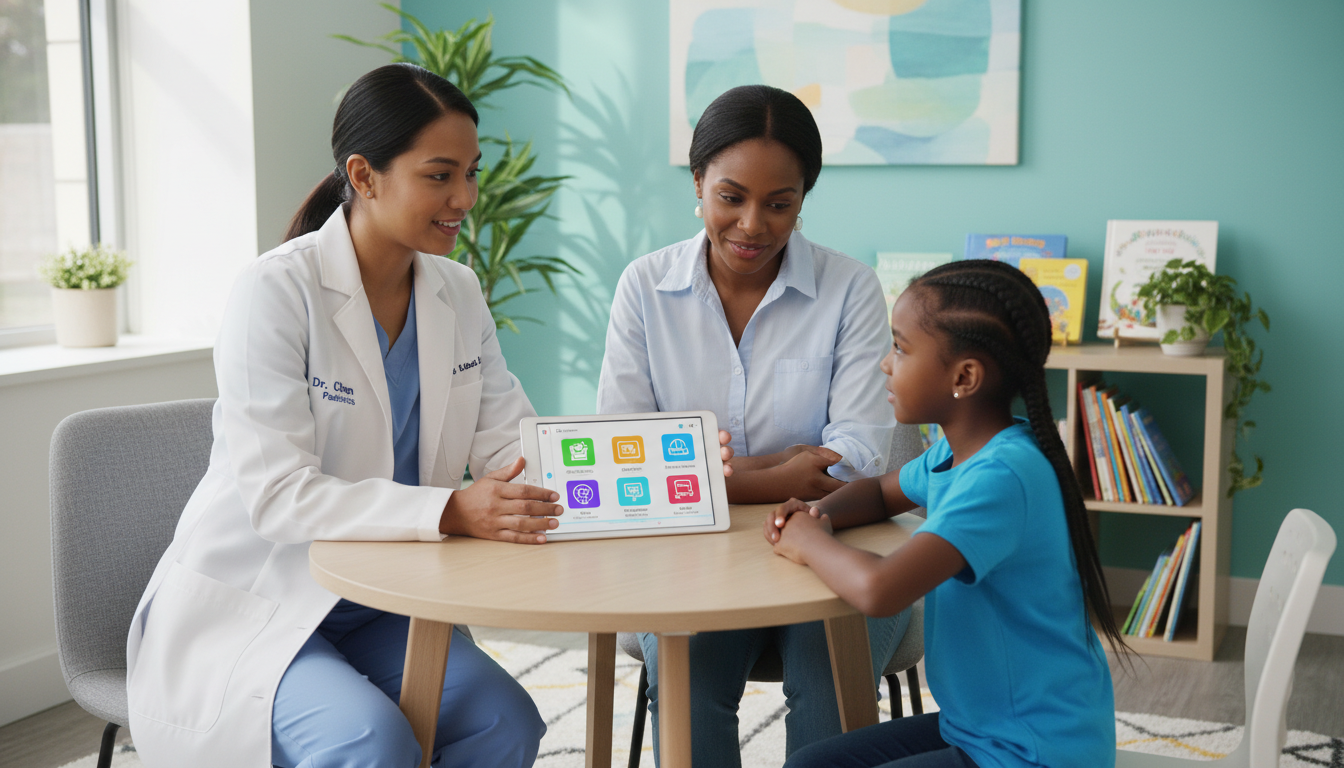 Resident physician working with child patient in pediatrics-psychiatry clinic Resident physician working with child patient in pediatrics-psychiatry clinic - Caribbean medical school residency for Addres