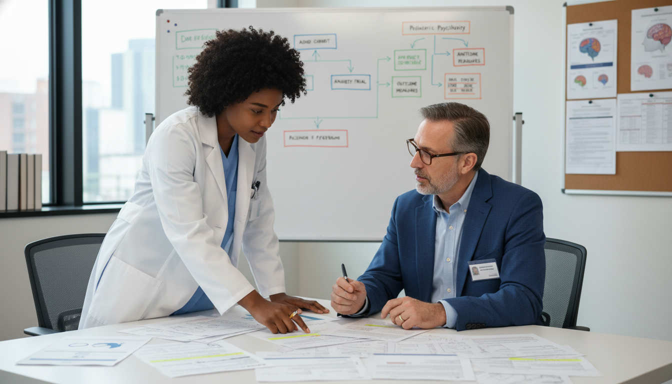 Peds psych resident discussing research with mentor Peds psych resident discussing research with mentor - Caribbean medical school residency for Research During Residency for Ca