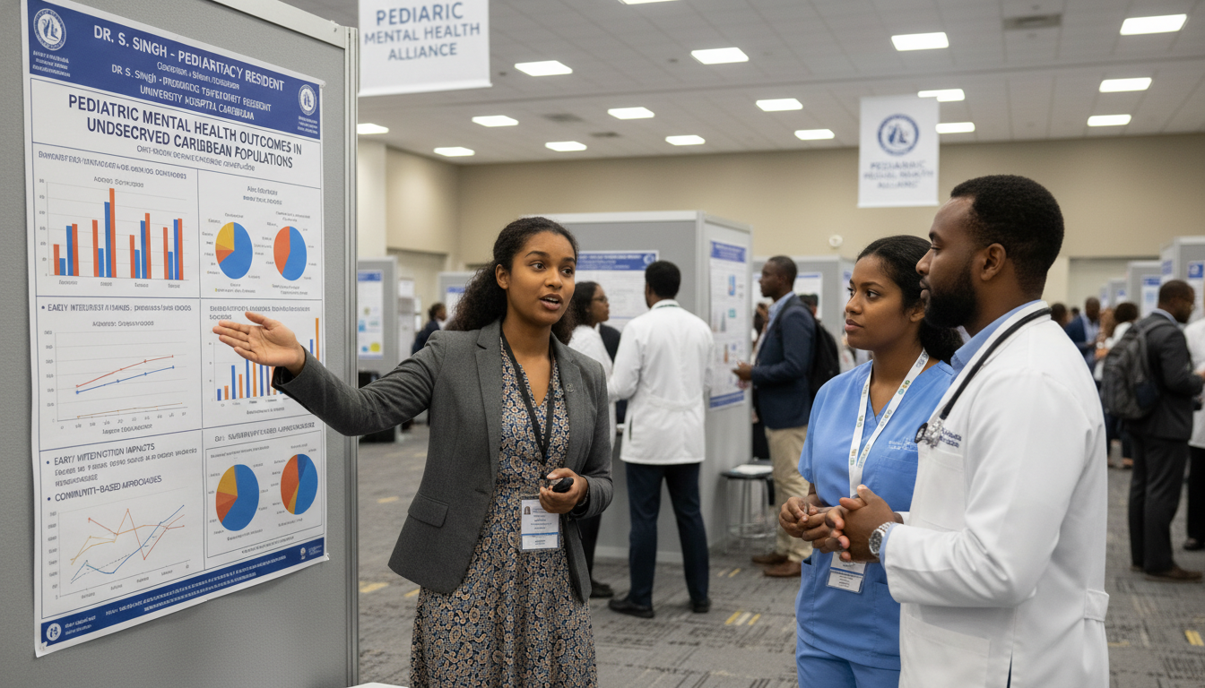 Peds psych resident presenting research poster at conference Peds psych resident presenting research poster at conference - Caribbean medical school residency for Research During Residen
