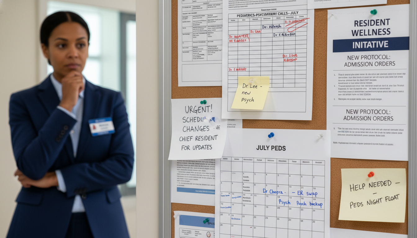 Residency program data and schedules on a bulletin board showing gaps and changes Residency program data and schedules on a bulletin board showing gaps and changes - Caribbean medical school residency for Re