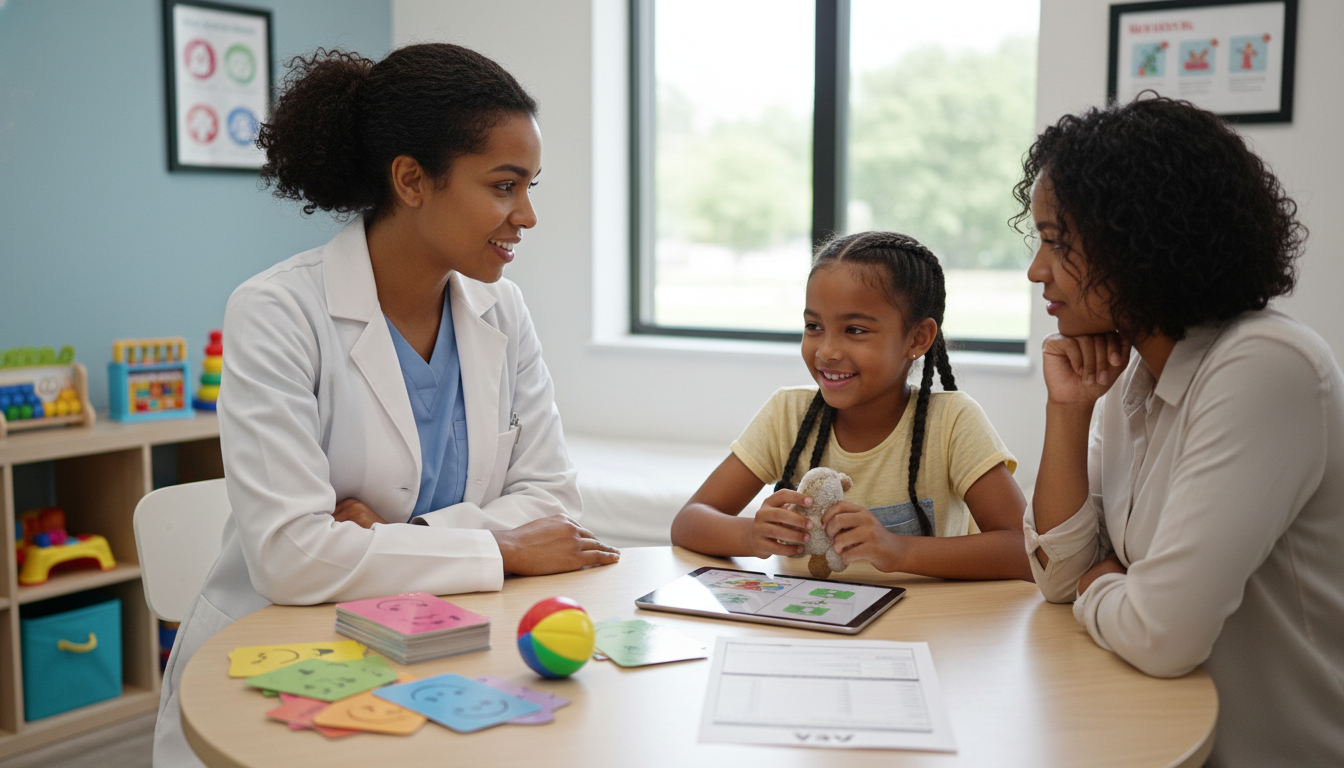 Resident physician working with a child and parent in a clinical setting - Caribbean medical school residency for SOAP Prepar