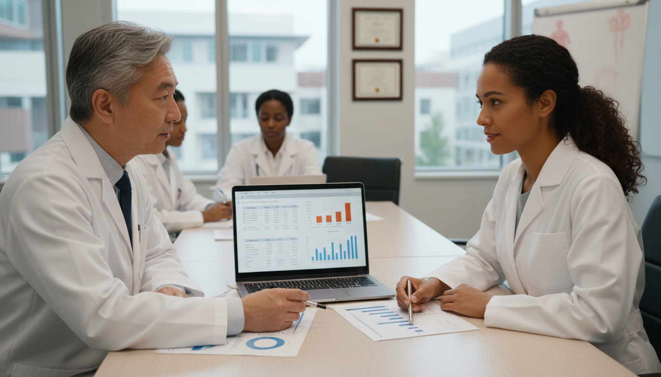 Physiatry resident discussing rehabilitation research data with mentor Physiatry resident discussing rehabilitation research data with mentor - Caribbean medical school residency for Research Duri