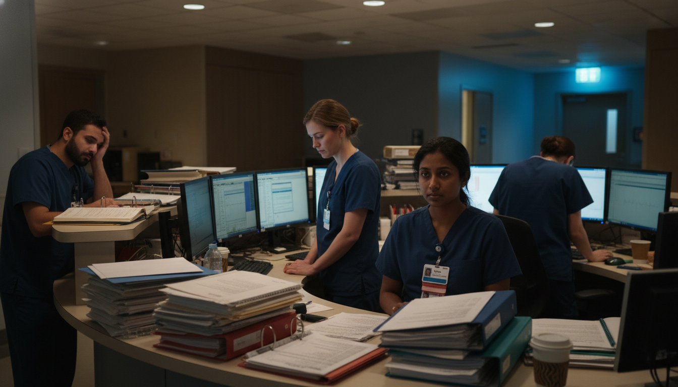 Internal medicine residents appearing exhausted during night shift in hospital Internal medicine residents appearing exhausted during night shift in hospital - Caribbean medical school residency for Ident