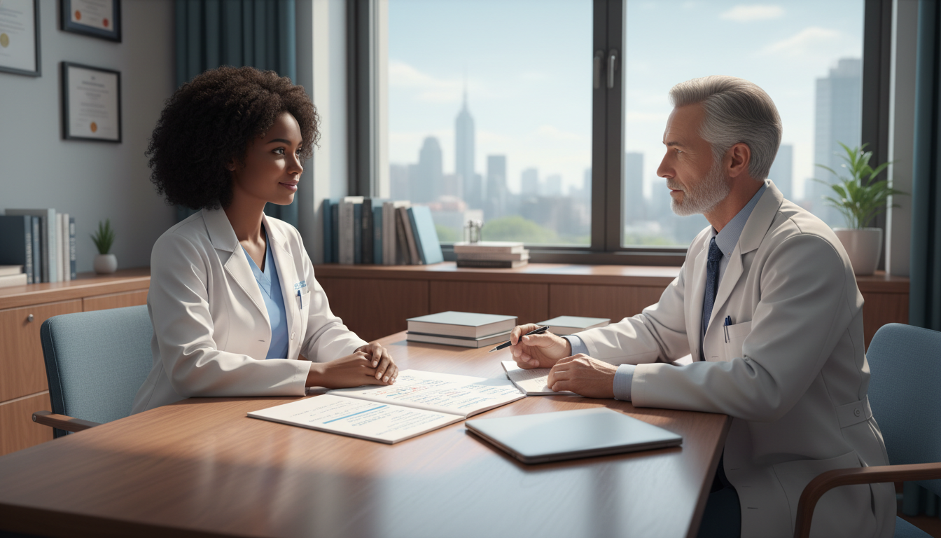 Caribbean IMG resident meeting with an attending mentor in an office - Caribbean medical school residency for Networking in M