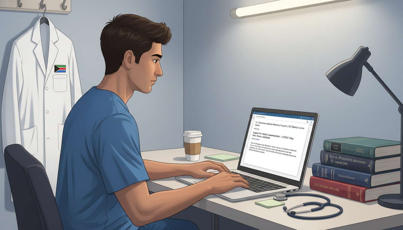 Resident at computer preparing residency pre-match email communication Resident at computer preparing residency pre-match email communication - Caribbean medical school residency for Pre-Match Com