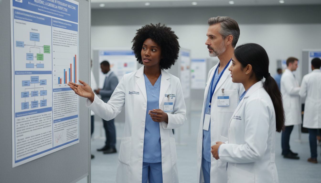 Resident presenting a research poster at a medical conference Resident presenting a research poster at a medical conference - Caribbean medical school residency for Research During Reside
