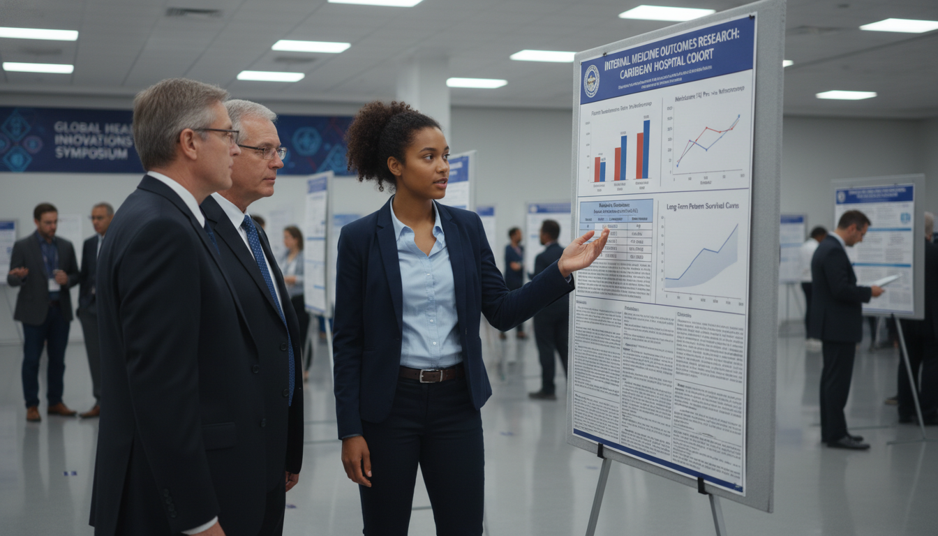 Medical trainee presenting a research poster Medical trainee presenting a research poster - Caribbean medical school residency for Research Profile Building for Caribbean
