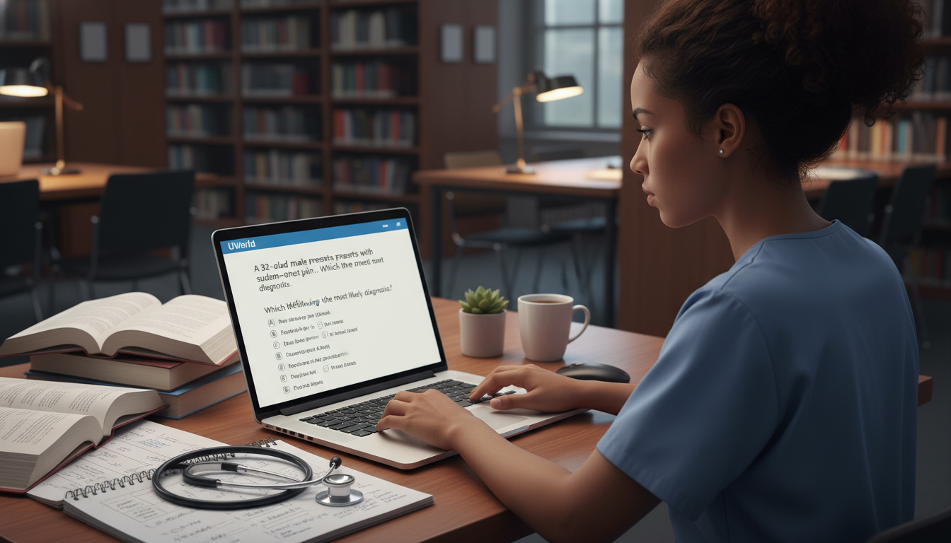 Medical student practicing USMLE Step 2 CK questions on a laptop - Caribbean medical school residency for Step Score Strategy