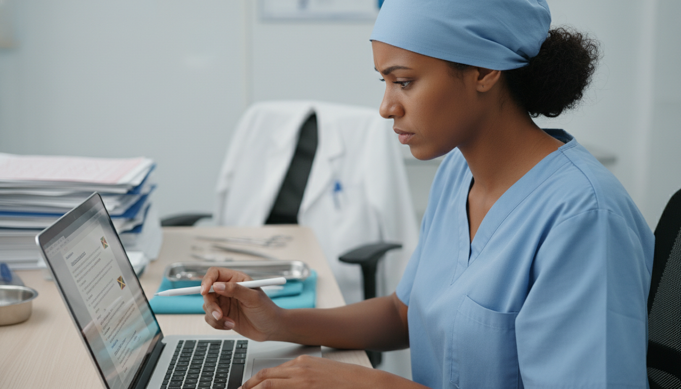 Surgery resident reviewing residency CV on laptop Surgery resident reviewing residency CV on laptop - Caribbean medical school residency for CV Building for Caribbean IMG in P