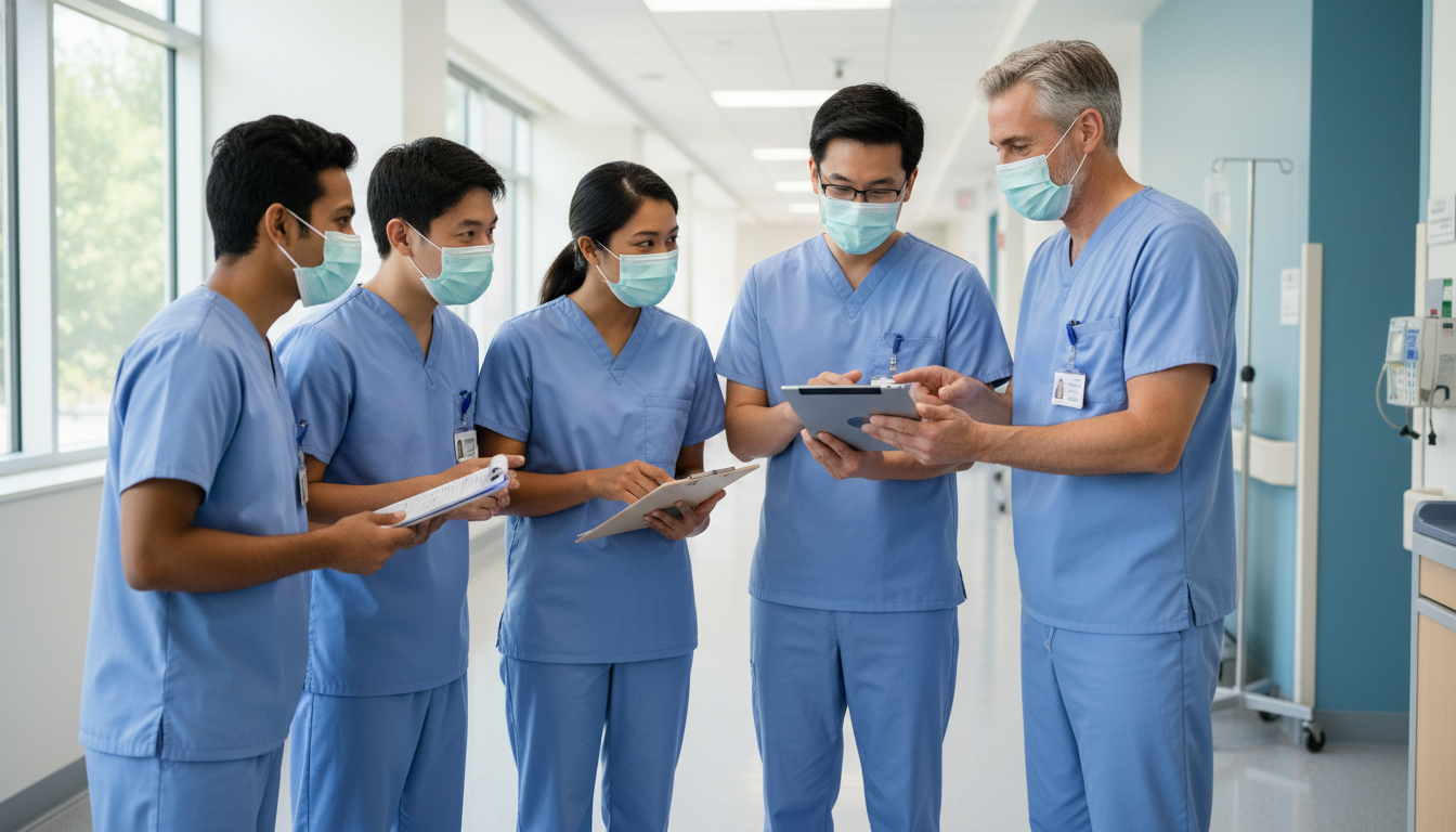 Surgery residents during morning rounds at a community hospital Surgery residents during morning rounds at a community hospital - Caribbean medical school residency for How to Research Prog