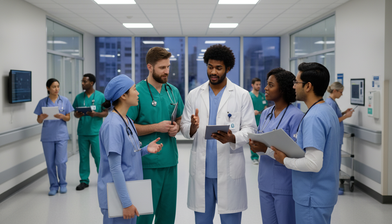 Caribbean IMG preliminary surgery resident talking with peers Caribbean IMG preliminary surgery resident talking with peers - Caribbean medical school residency for Questions to Ask Progr