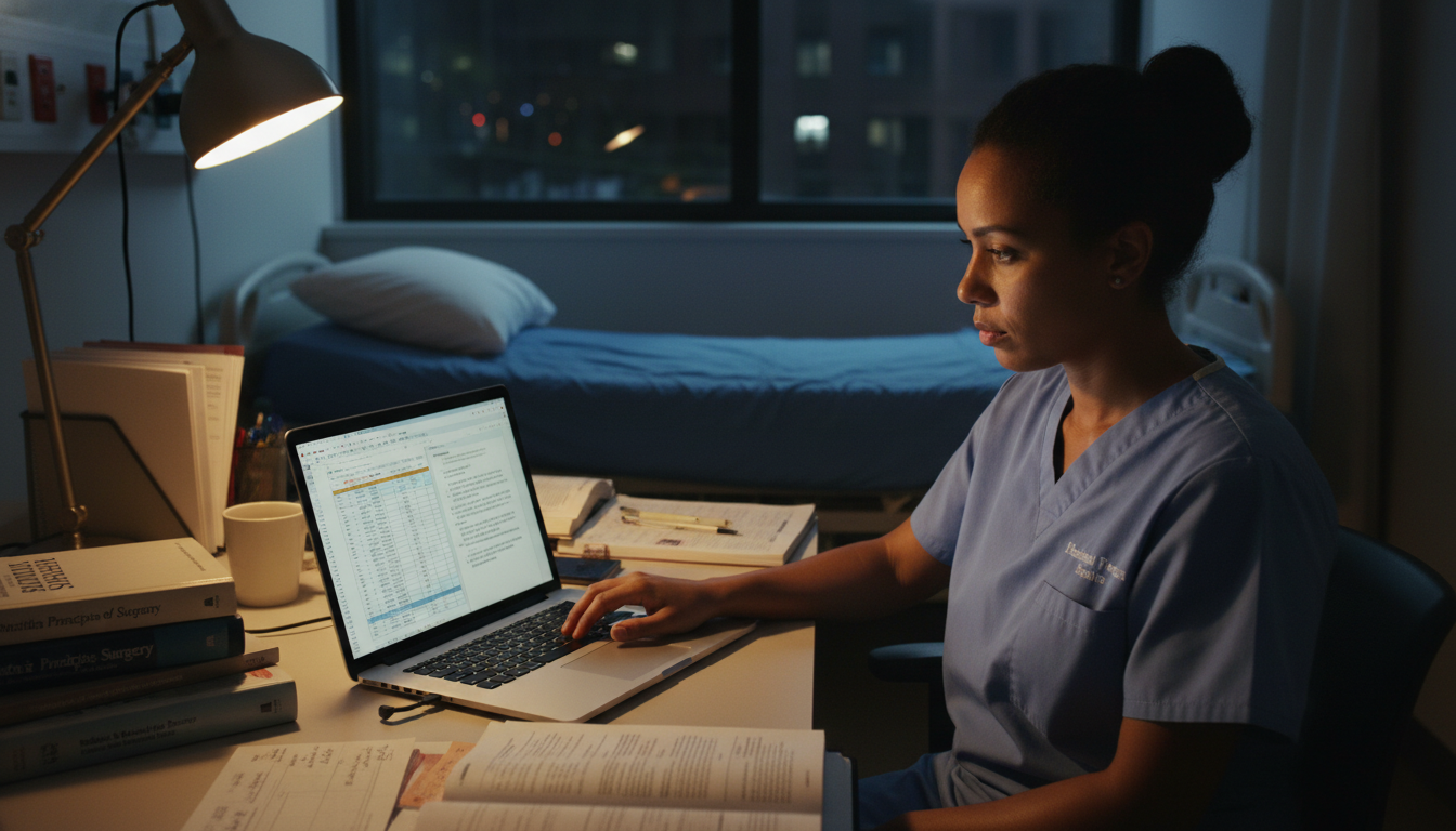Surgical resident working on laptop with data and notes during night shift Surgical resident working on laptop with data and notes during night shift - Caribbean medical school residency for Research