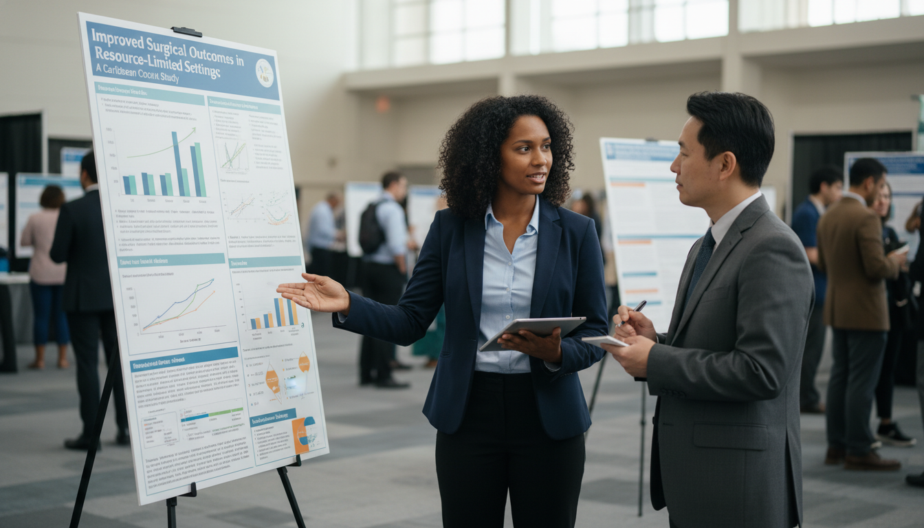 IMG presenting a surgical research poster at a medical conference - Caribbean medical school residency for Research Profile B